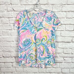 Lilly Pulitzer Pink Blue Etta 100% Cotton Top Carnival Coral Size M